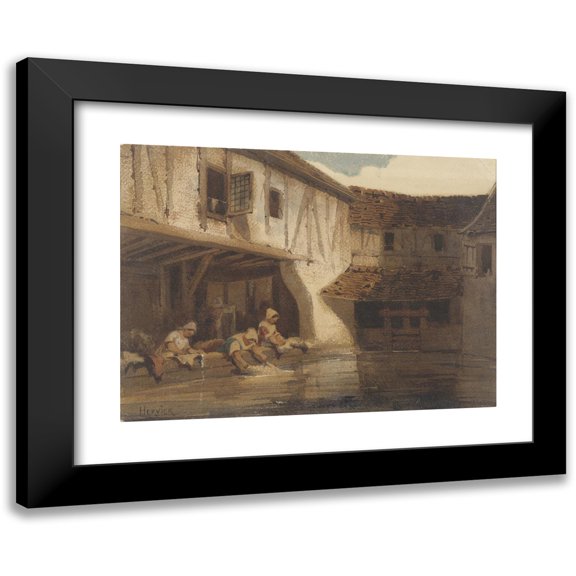 Louis-Adolphe Hervier 18x14 Black Modern Framed Museum Art Print Titled - Washing Women in an Open Hall of a House Complex on the Water (1828 - 1879)