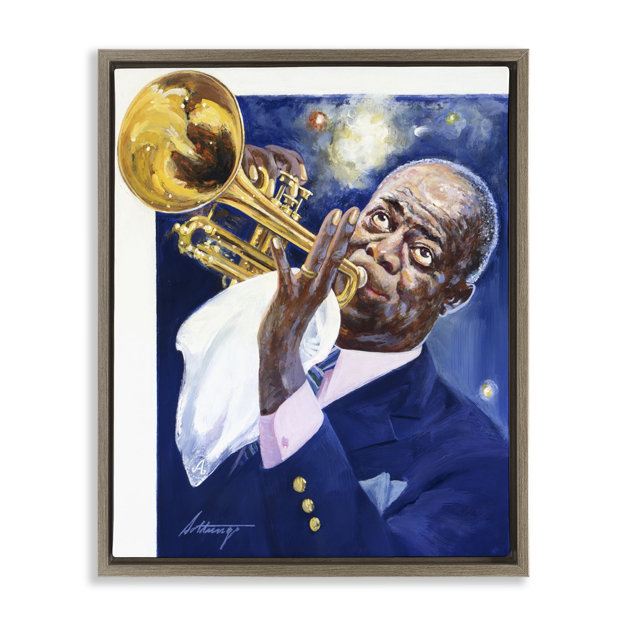 Louis Armstrong Portrait Brown Framed Floater Canvas Wall Art, design by Wind River Studios