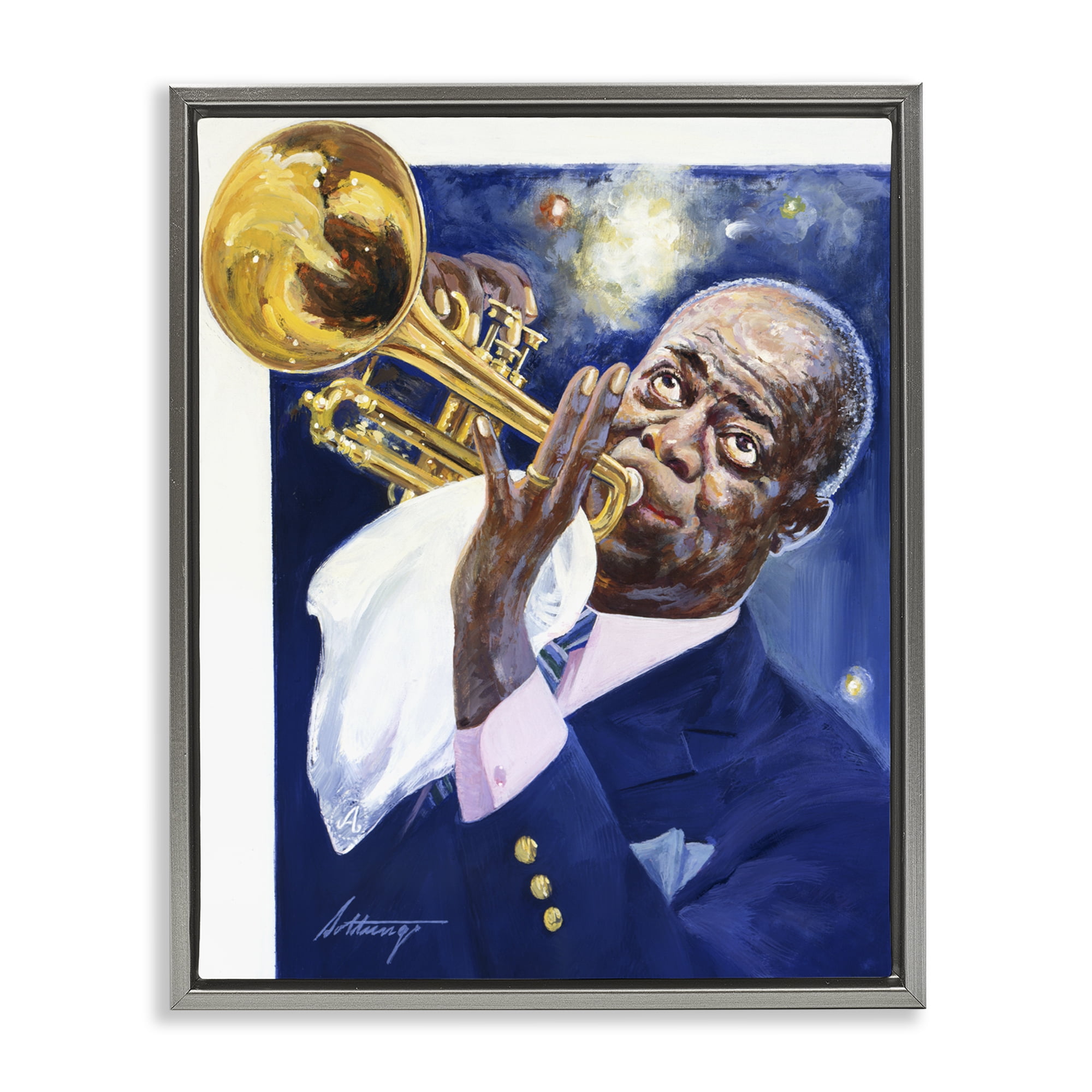 Louis Armstrong Portrait Gray Framed Floater Canvas Wall Art, design by Wind River Studios