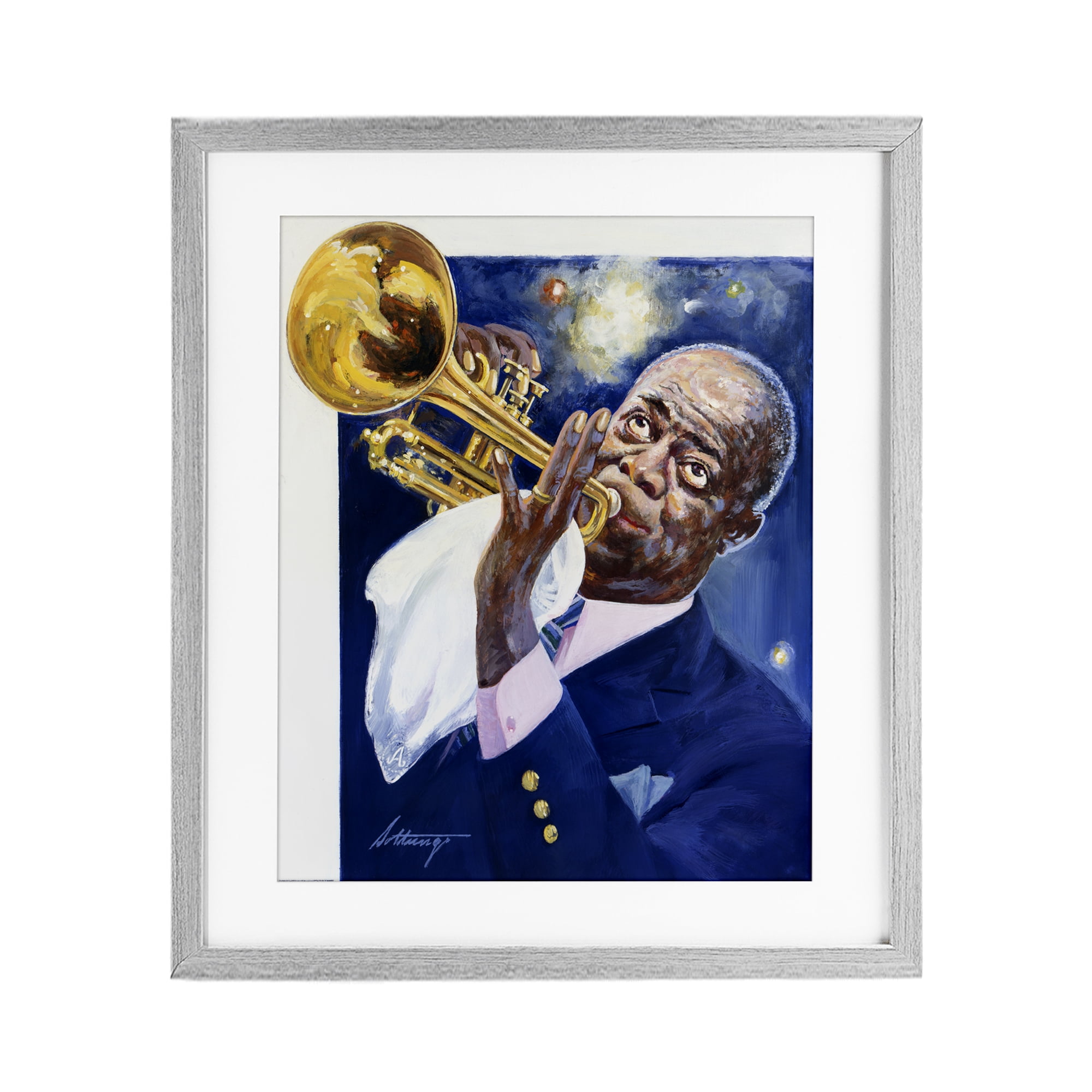 Louis Armstrong Portrait Gray Framed Print Under Glass, design by Wind River Studios