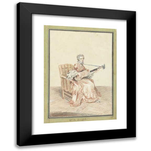 Louis Carrogis Carmontelle 11x14 Black Modern Framed Museum Art Print Titled - Portrait of Madame De Montainville, Guitar Playing (1758)