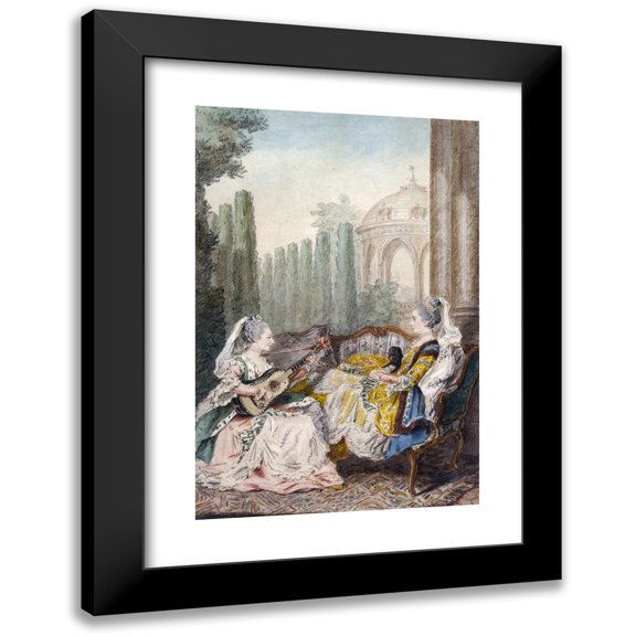 Louis Carrogis Carmontelle 11x14 Black Modern Framed Museum Art Print Titled - Two Women, One of Whom Plays the Guitar, the Other Holding a Dog on Her