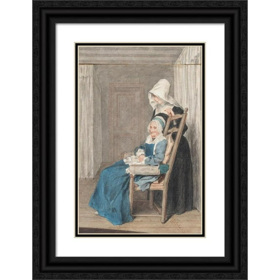 Louis Carrogis Carmontelle 13x18 Black Ornate Wood Framed Double Matted Museum Art Print Titled - Marie Louise Petit at the Age of 105, with Her Young Nurse (1765)