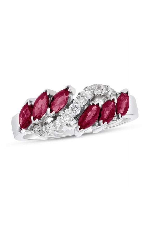 RL2520RD-5 1.25 CTW Diamond & Marquis Shaped Rubies Slant Ring, 14K White Gold - Size 5