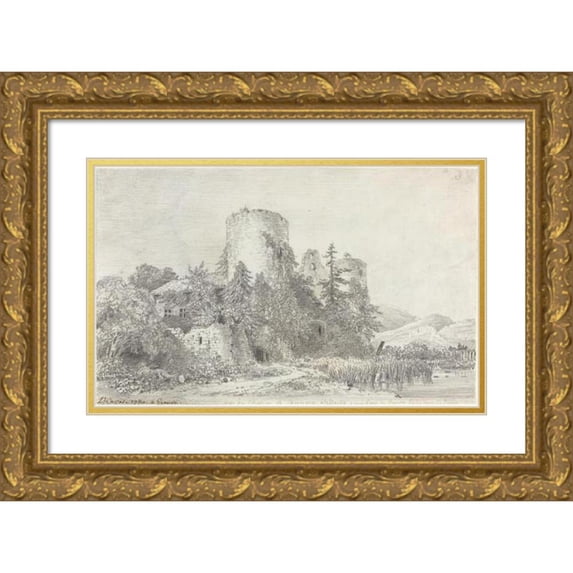 Louis-François Cassas 18x13 Gold Ornate Wood Frame and Double Matted Museum Art Print Titled - View of the Chateau De Saconnex (1780)