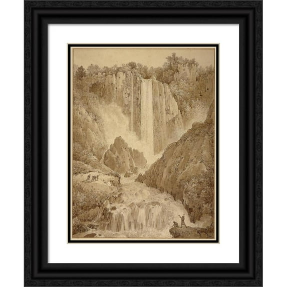 Louis-François Cassas 19x24 Black Ornate Framed Double Matted Museum Art Print Titled: The Cascades at Terni (1780)