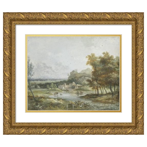 Louis Gabriel Moreau 24x20 Gold Ornate Framed and Double Matted Museum Art Print Titled - Italian Landscape with a Boating Party