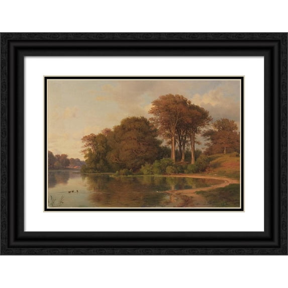 Louis Gurlitt 24x17 Black Ornate Framed Double Matted Museum Art Print Titled: Summer Landscape with the Lake Bank (1866)