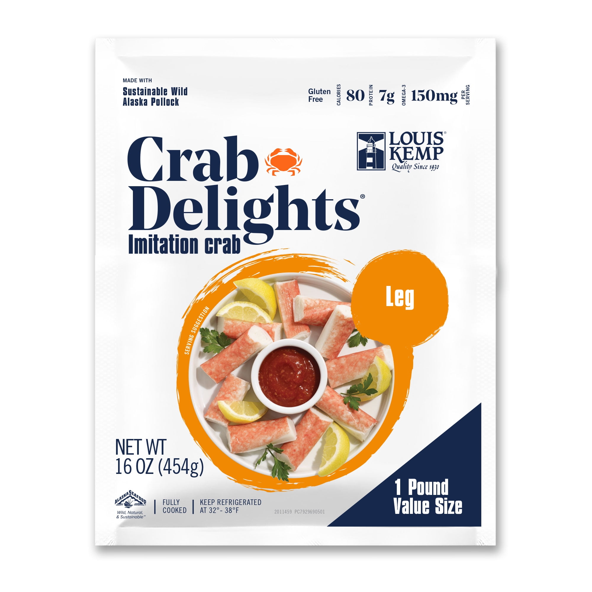 Louis Kemp Crab Delights® Flake (1 lb Pack)  Gluten free, 6g of protein  per serving, and now the best protein choice for the environment. Louis  Kemp Crab Delights® are a delicious