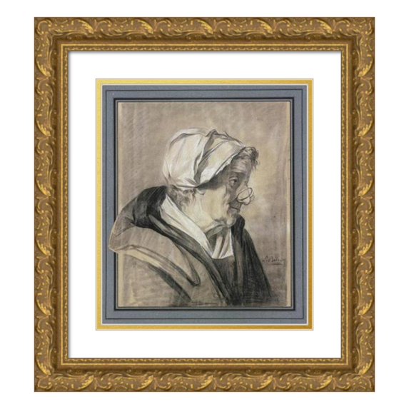 Louis-Marc-Antoine Bilcoq 15x17 Gold Ornate Wood Frame and Double Matted Museum Art Print Titled - Old Woman in Profile, Looking to the Right