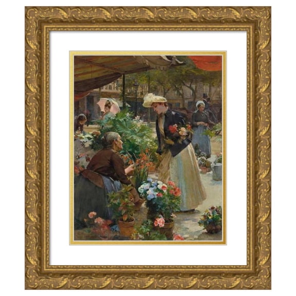 Louis Marie De Schryver 20x24 Gold Ornate Framed and Double Matted Museum Art Print Titled - Paris - the Flower Market on the Isle of the City