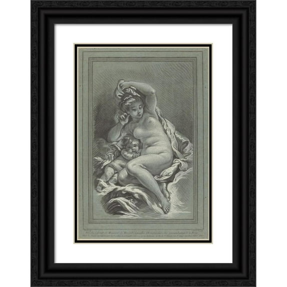 Louis-Marin Bonnet 18x24 Black Ornate Framed Double Matted Museum Art Print Titled: Venus and Cupid on a Dolphin (1767)