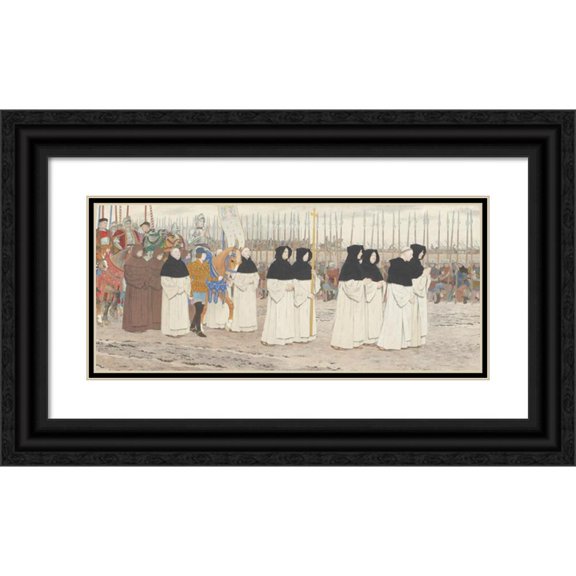 Louis Maurice Boutet de Monvel 24x13 Black Ornate Framed Double Matted Museum Art Print Titled: The Maid in Armor on Horseback (Joan of Arc Series - IIi) (C. 1908-Late 1909)