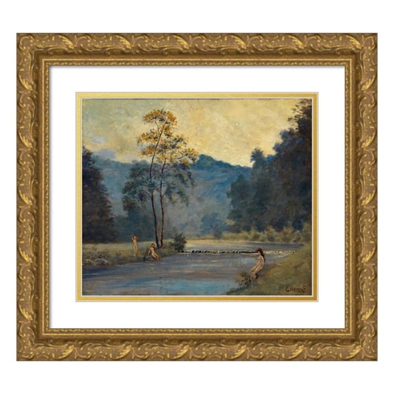 Louis Michel Eilshemius 14x12 Gold Ornate Wood Frame and Double Matted Museum Art Print Titled - Three Girls and River (1907)