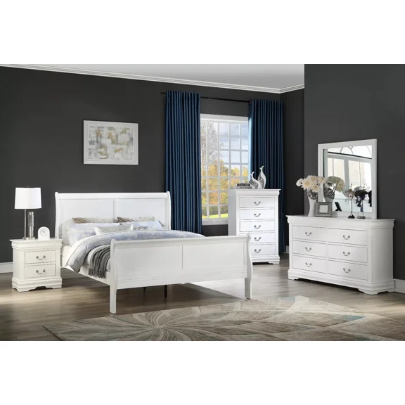 Louis Philipe White Solid wood 4pcs Set Full Size Bed Dresser Mirror Nightstand Bedroom Furniture