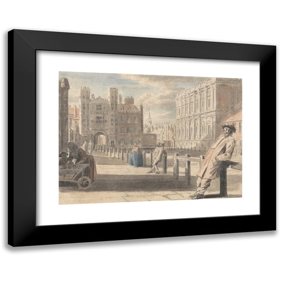 Louis Philippe Boitard 14x11 Black Modern Framed Museum Art Print Titled - Holbein's Gateway and Jones's Banqueting House, Whitehall