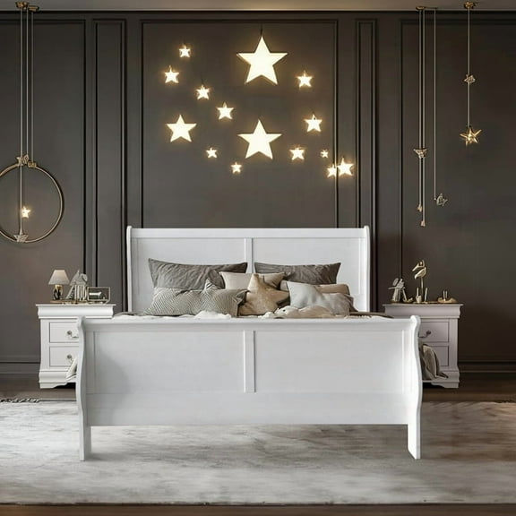 Louis Philippe III White Queen Sleigh Bed (660LBS Capacity: Solid Pine Frame, Classic French Style, Box Spring Required)