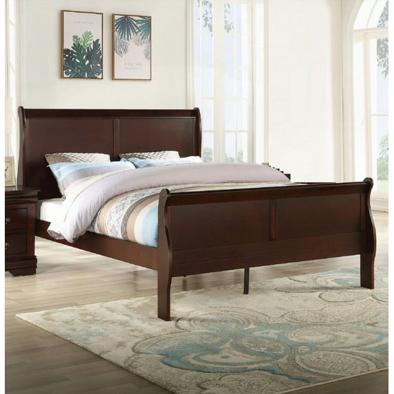 Solid Wood Louis Phillipe Brown Cherry Finish King Size Panel Sleigh Bed - Comfortable Low-Profile Bedroom Furniture