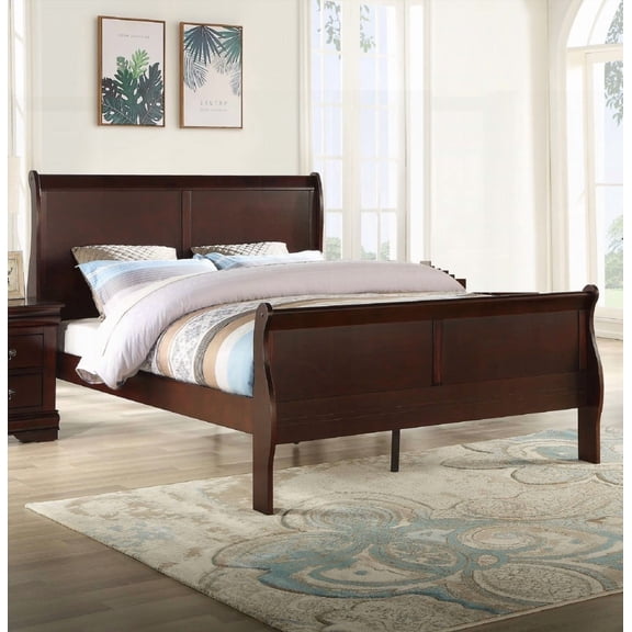 Louis Phillipe Brown Cherry Finish Queen Size Panel Sleigh Bed having Metal Drawer Glides and Low-Profile Accessibility