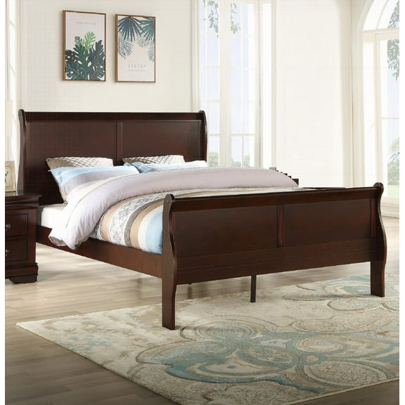 Louis Phillipe King Size Panel Sleigh Bed in Brown Cherry Finish - Solid Wood Bedroom Piece