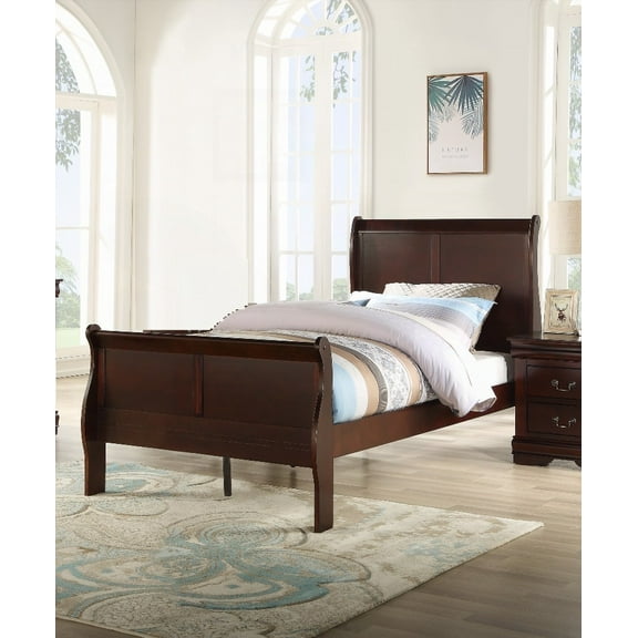 Louis Phillipe Twin Size Bedroom Furniture in Brown Cherry Finish Boasting French Dovetail Drawer and Metal Glides