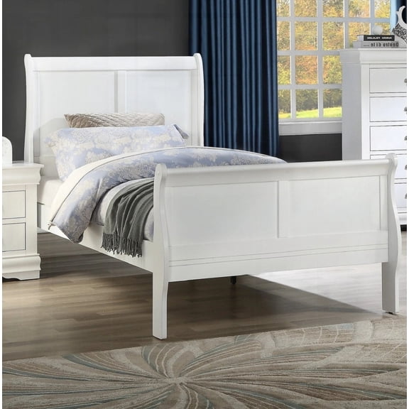 Louis Phillipe White Finish Twin Size Panel Sleigh Bed with French Dovetail Drawer and Metal Glides
