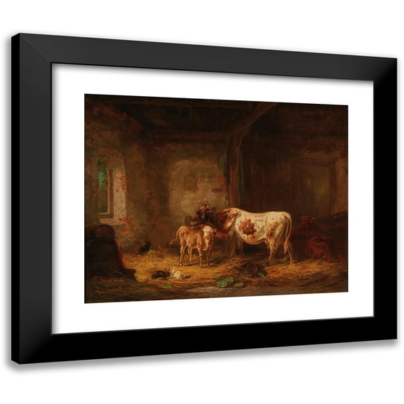 Louis Reinhardt 14x12 Black Modern Framed Museum Art Print Titled - Cows and Rabbits in the Barn