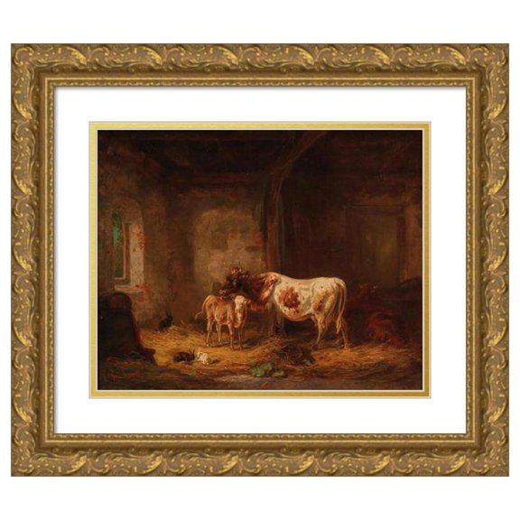 Louis Reinhardt 24x20 Gold Ornate Framed and Double Matted Museum Art Print Titled - Cows and Rabbits in the Barn