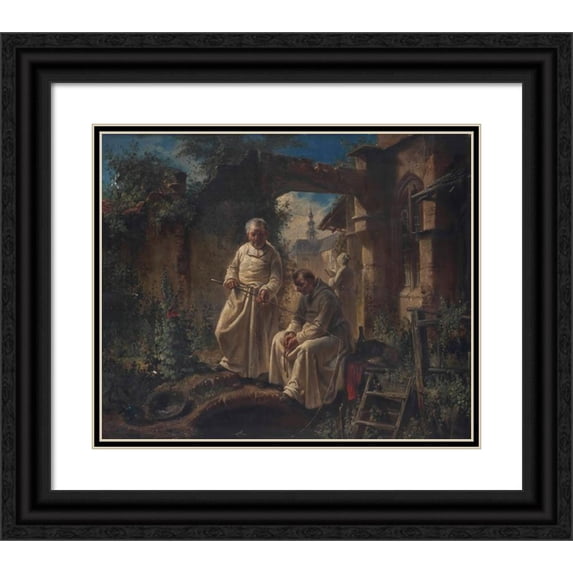 Louis Von Hagn 17x15 Black Ornate Wood Framed Double Matted Museum Art Print Titled - Fishing at a Monastery (1849)