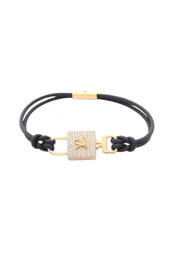 Pre-Owned Louis Vuitton LV Padlock Bracelet, Gold Plated Leather with Rhinestones, Women's,...