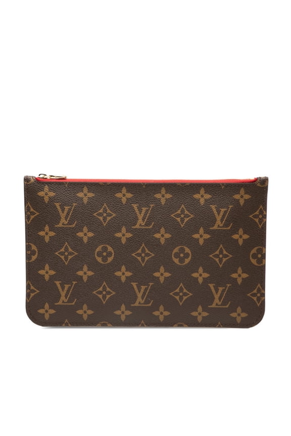 Pre-Owned Louis Vuitton Monogram Neverfull MM with attached pouch in brown and red. Women's.