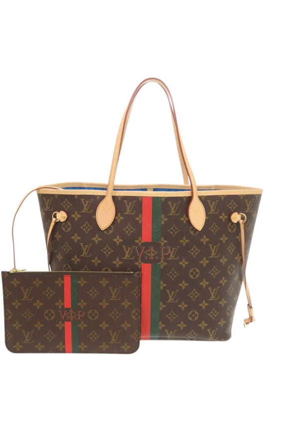 Pre-Owned Louis Vuitton Neverfull MM Handbag with Pouch, Monogram Light Blue Tote Bag...