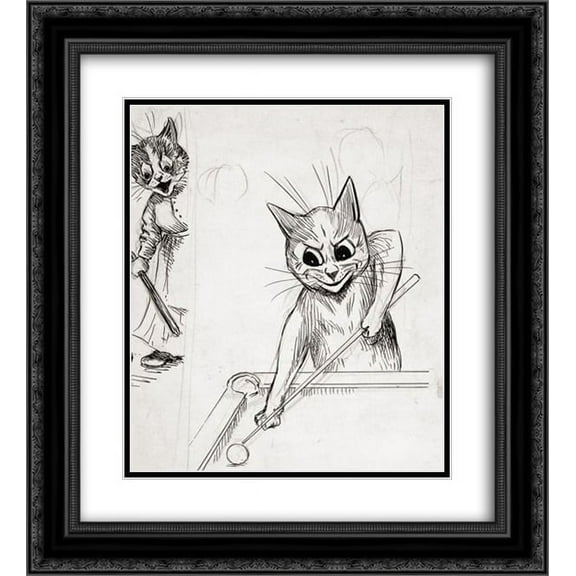 Louis Wain 2x Matted 20x22 Black Ornate Framed Art Print 'A GAME OF SNOOKER'
