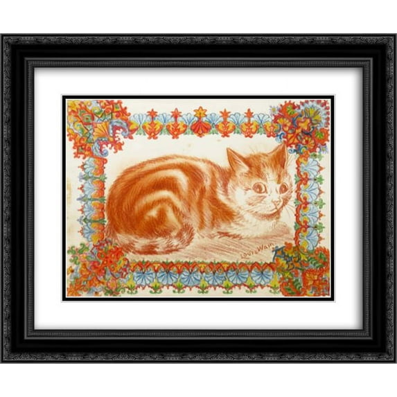 Louis Wain 2x Matted 24x20 Black Ornate Framed Art Print 'GINGER CAT IN DECORATION'