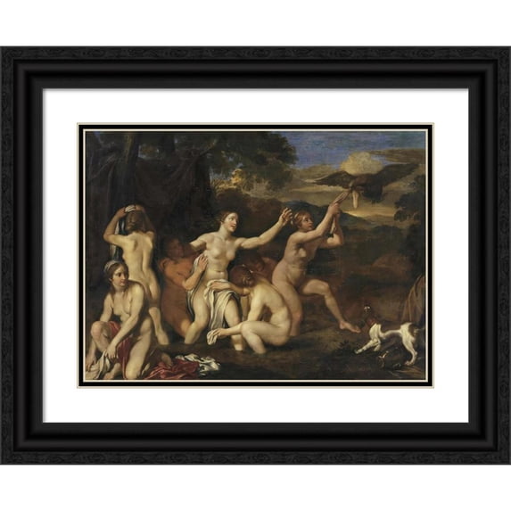 Louis de Boullogne 24x19 Black Ornate Framed Double Matted Museum Art Print Titled: Diana and Nymphs Bathing