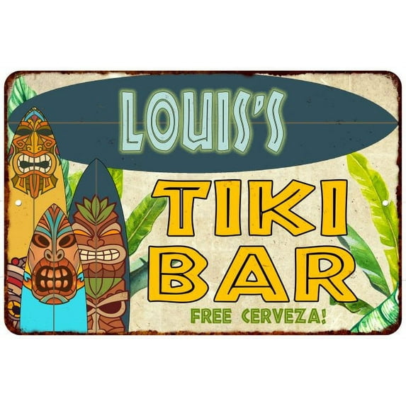 Louis's TIKI BAR Sign Island Beach Ocean Metal Tin Metal Wall Decor 8 x 12 Matte Finish Metal 108120058315