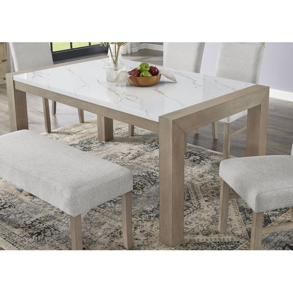 Louisa 66" Rectangular White Faux Marble Top Dining Table in Light Oak Finish
