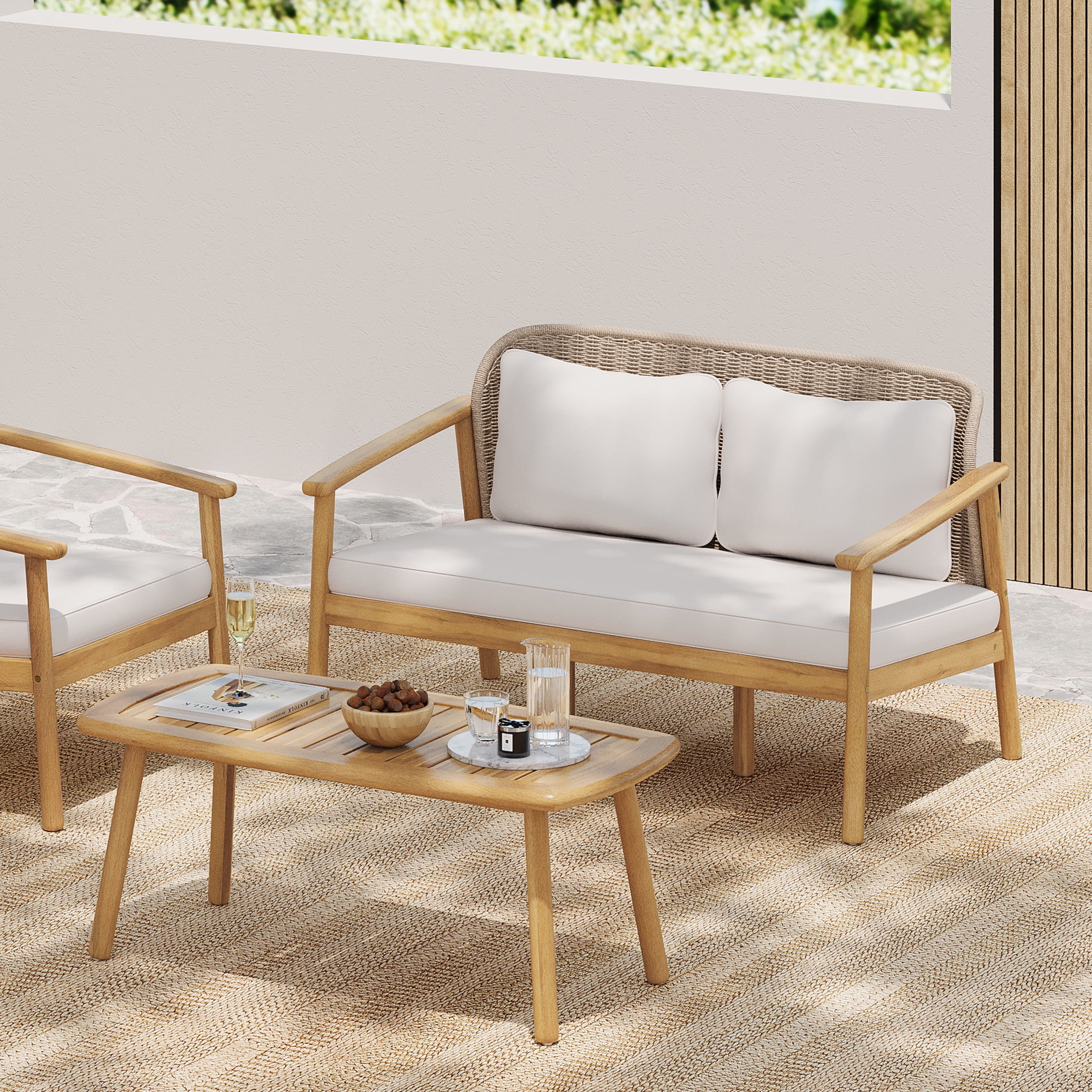 Louisa Farmhouse Outdoor Patio Woven Rope 2 Piece Conversation Set, Loveseat with Coffee Table, Solid Wood Frame, Beige Cushions