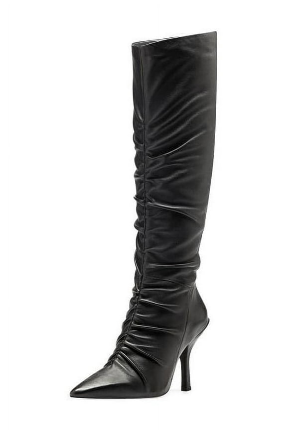 Vila Pointed Toe Mid Heel Slouch Stiletto Boots Black Leather (BLACK, 6)