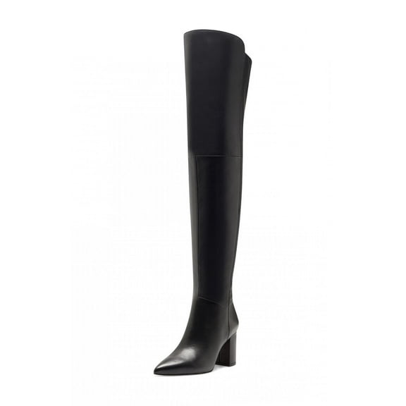 Louise Et Cie Wasi Over Knee Pointy Toe Block Heel Black Leather Dress Boots (BLACK, 6.5)