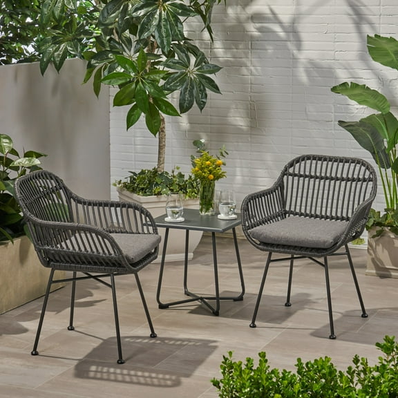 Louise Outdoor Woven Faux Rattan Chairs with Cushions, Set of 2, Gray and Dark Gray