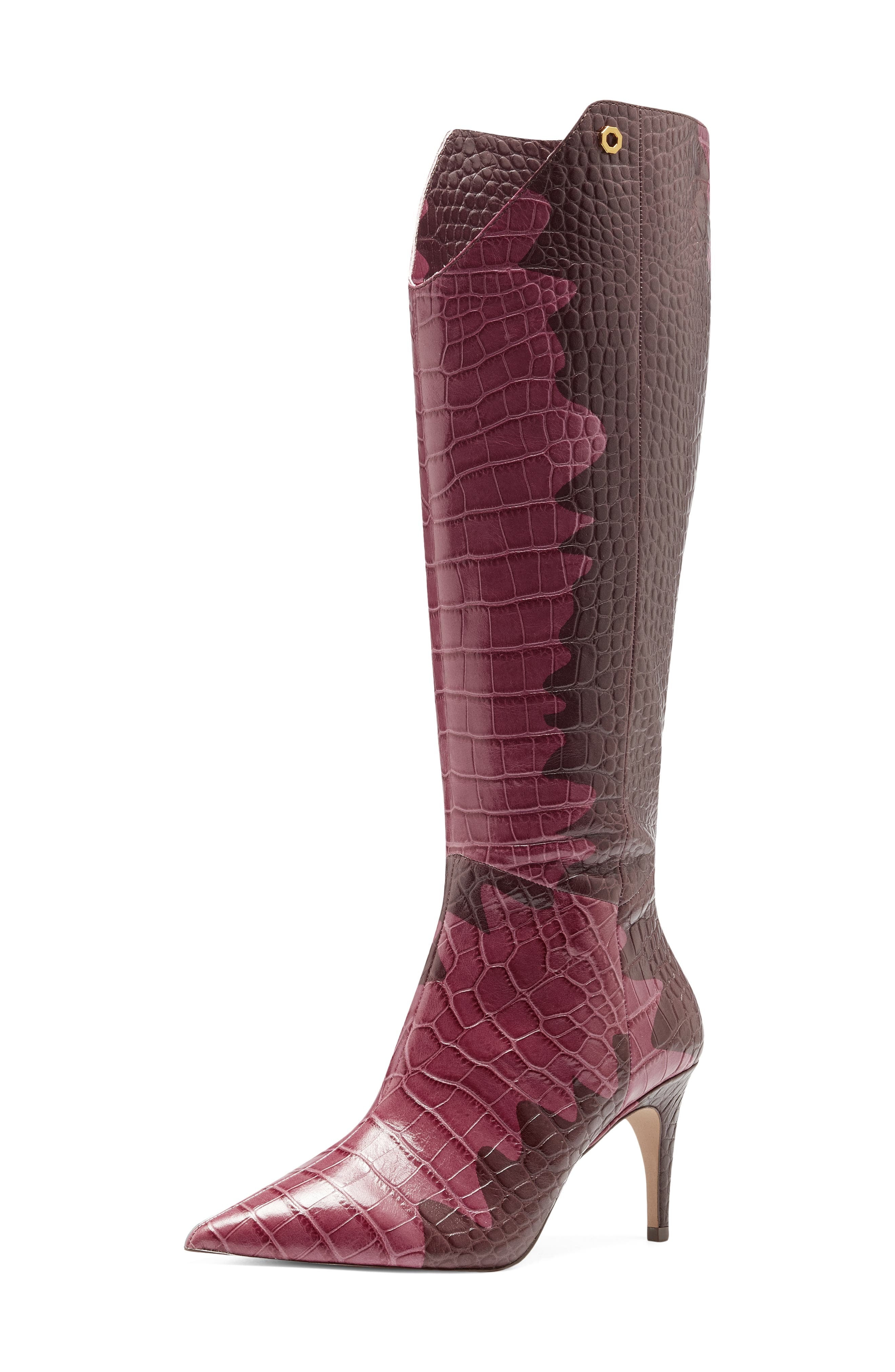 Louise et Cie Kamil Leather Pointed Toe Tall Shaft Boots Flame Red Snake  Boots (PINK MULTI, 7) 