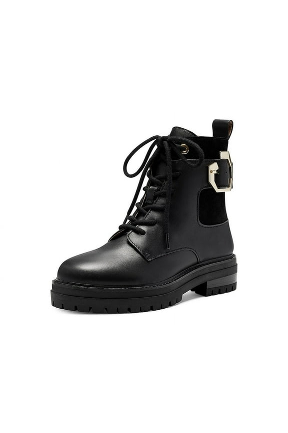 Saliha Black Leather Lace-Up Combat Moto Lug Sole Hardware Boots (BLACK, 5)