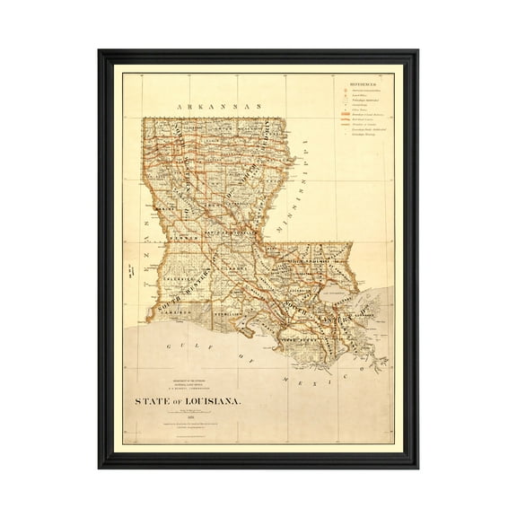 Louisiana Art, 1876 Vintage Map of Louisiana History Wall Decor Gift, Old Louisiana Map - 18" x 24" Black Framed Print