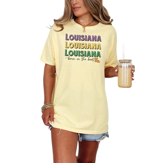 Louisiana, Born in the Boot with State Map Art, Butter Comfort Colors T-Shirt, XL