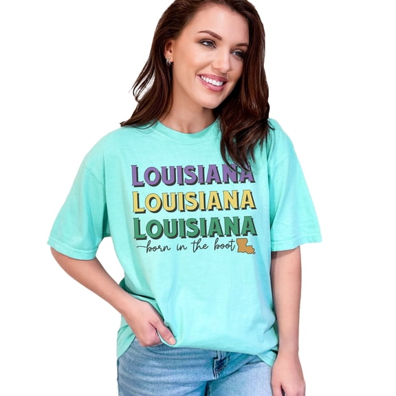 Louisiana, Born in the Boot with State Map Art, Chalky Mint Comfort Colors T-Shirt, XL