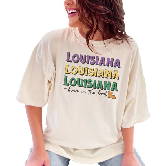 Louisiana, Born in the Boot with State Map Art, Ivory Comfort Colors T-Shirt, 3XL
