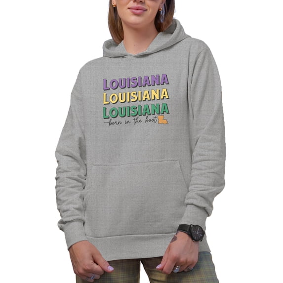 Louisiana, Born in the Boot with State Map Art Merch Gift, Heather Grey Hooded Sweatshirt or Hoodie, Medium