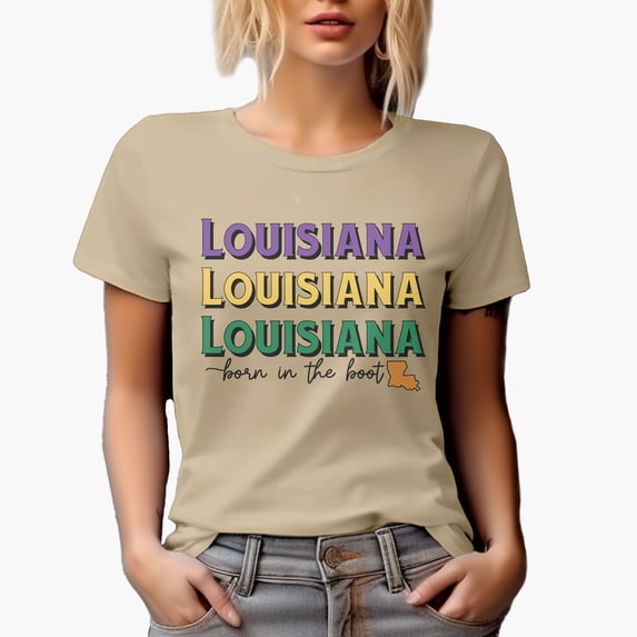 Louisiana, Born in the Boot with State Map Art Merch Gift, Tan T-Shirt, 3XL