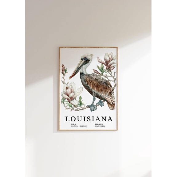 Louisiana Brown Pelican & Magnolia Art Poster, Unframed Poster Size 12x18